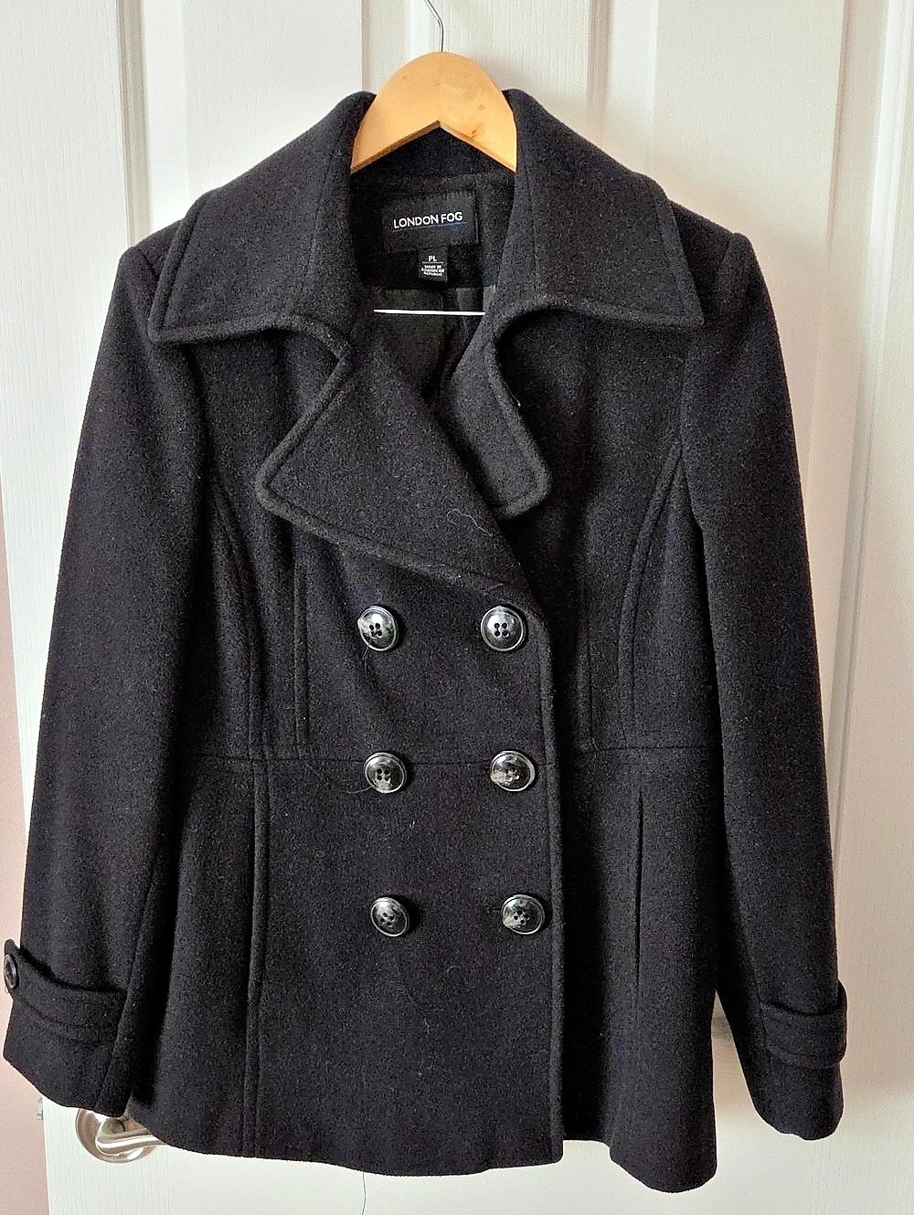 London Fog Wool Blend Black Pea Coat Size PL Like New